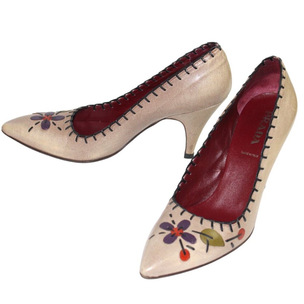Prada Vintage Floral Appliqué Taupe Purple Detailing Slip-On Heel Size 37 (US 6) - Picture 8 of 13